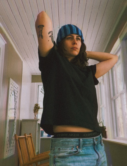 blue striped beanie - upcycled toque