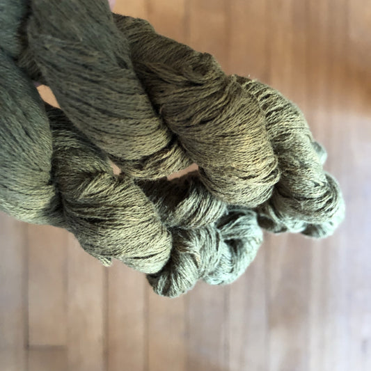 Up close shot of the green cotton mini skeins.