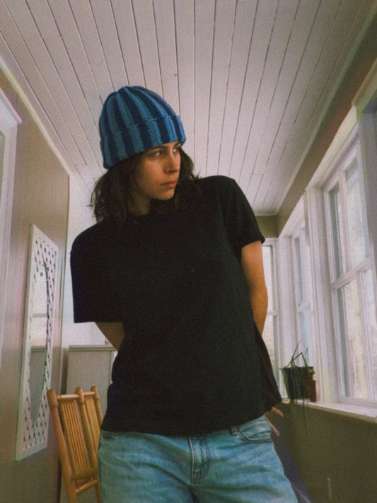 blue striped beanie